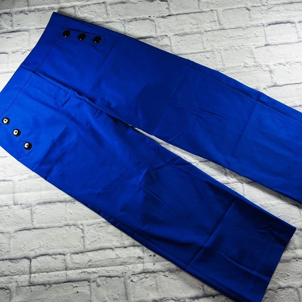 Loft Outlet Women Blue Wide Leg Sailor Pants Side Button Size 10 Nautical Casual - Picture 2 of 11